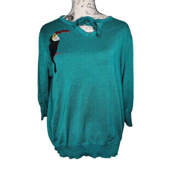 Belle Poque 2XL Teal Blue Sweater Toucan Bird Applique, Keyhole Neck, Retro READ - Picture 2 of 5